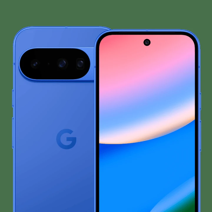 Смартфон Google Pixel 10 в цвете Indigo &mdash; вид спереди и сзади