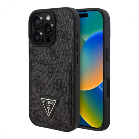 Guess для iPhone 16 Pro чехол PU кожа 4G Double cardslot Triangle metal logo Black фото 1