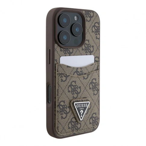 Guess для iPhone 16 Pro чехол PU кожа 4G Double cardslot Triangle metal logo Brown фото 2