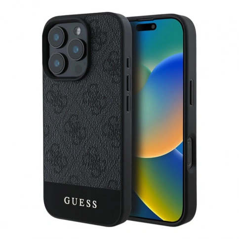 Guess для iPhone 16 Pro чехол PU кожа 4G Bottom stripe Metal logo Grey фото 1