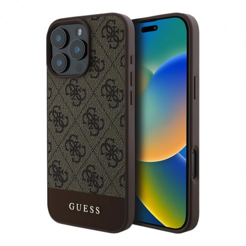 Guess для iPhone 16 Pro чехол PU кожа 4G Bottom stripe Metal logo Brown фото 1