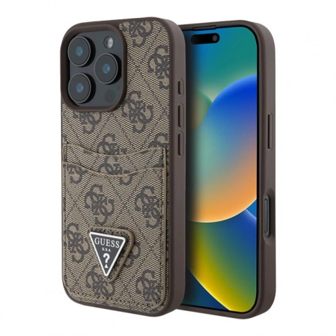 Guess для iPhone 16 Pro чехол PU кожа 4G Double cardslot Triangle metal logo Brown фото 1